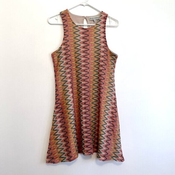 ALMOST FAMOUS Coral Orange Cream Chevron Zig Zag Knit Retro 70s Mini Tank Dress - Picture 1 of 16